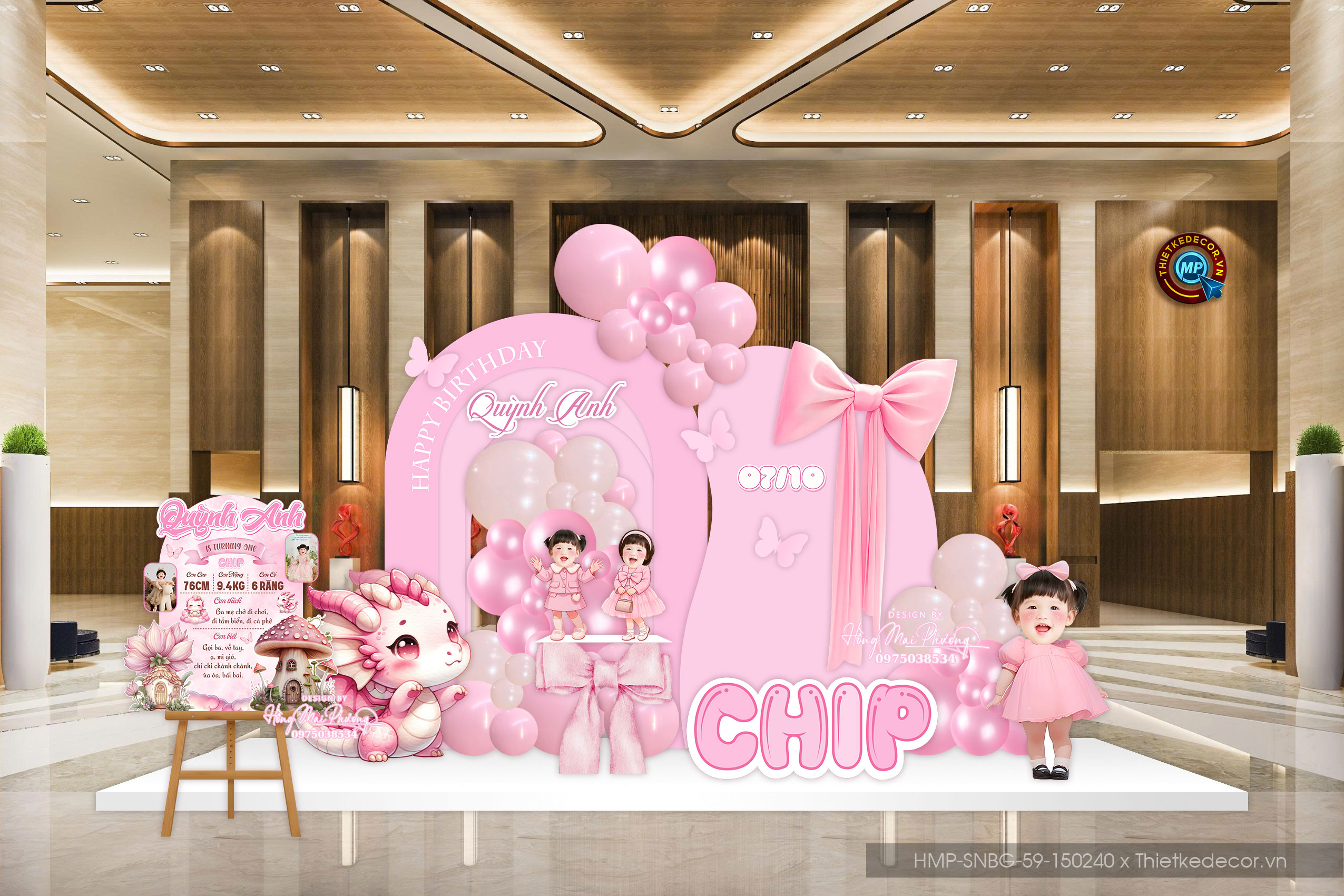 Tiệc sinh nhật bé gái tuổi rồng tone hồng mix nơ bướm siêu xinh